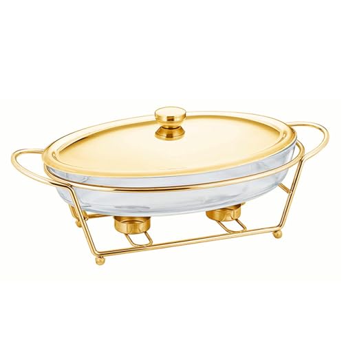 UGCER 3L Ovaler Speisenwärmer Buffet Chafing Dish Edelstahl Glas Servierschale Hot Pot für Hochzeiten, Catering, Partys,Gold