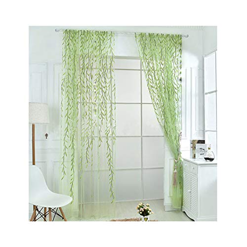Cutefly Vorhang aus Voile, Tüll, grün, 2 Stück, Salix-Blätter, Weidenmotiv, durchscheinend, für Zimmerfenster, Textil, lichtgrün, 100 * 200cm