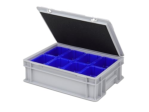Einsatzkasten Einteilungs-Set für Eurobehälter, Schubladen mit Innenmaß 362x262 mm (LxB), 102 mm hoch, verschiedene Größen/Farben (8er Set inkl. Box + Deckel, blau)
