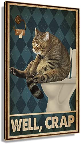 Katzenbilder Leinwand Wandkunst Moderne Katze Badezimmer Dekor Poster für die Wand Lustiger Ausdruck Retro Toilette Bild Druck Dekor Malerei (40x60cm/16x24inch) Innenrahmen