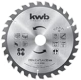 kwb Kreissägeblatt 210 x 30 mm, schneller Schnitt, mittlere Güte, Sägeblatt geeignet für Weich- und Hartholz, Tischlerplatten und Spanplatten
