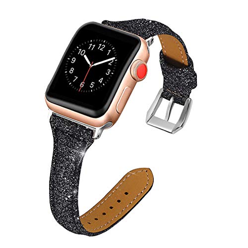 Armband Kompatibel mit Apple Watch SE 40mm Leder Schwarz, Bling Glitzer Leder Smartwatch Strap Bracelet Uhrenarmband Ersatzarmband Kompatibel mit Apple Watch 38mm 40mm Serie 6 5 4 3 2 1