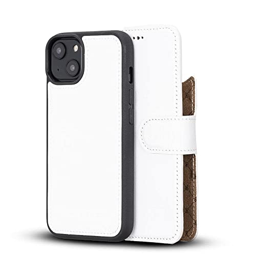 BOULETTA Magsafe-Schutzhülle für iPhone 14, aus Vollnarbenleder, magnetisch, abnehmbar, mit 3 Kartenfächern mit RFID-Blockierung, 15,5 cm (6,1 Zoll), Weiß
