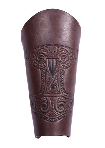 Battle-Merchant Armstulpe aus Leder mit geprägtem Thorshammer, braun-antik - Armschützer LARP Mittelalter Wikinger Größe Paar