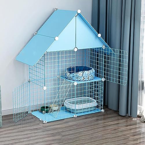Kleintier-Laufgitter, Katzenkäfig auf 2 Etagen – Katzenkäfig – Haustierprodukte, Katzenhaus mit 3 Ebenen, ideal für 1–4 Katzen, Blau (Farbe: C1-75 x 39 x 110 cm)