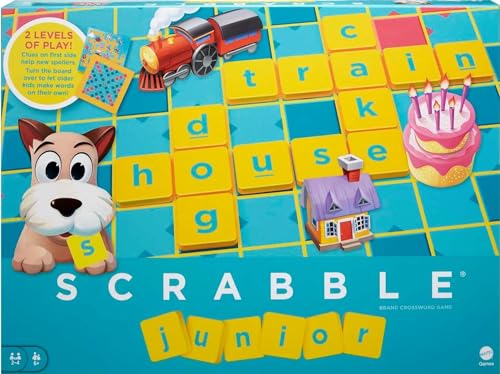 Scrabble Junior Kids Crossword Game with 2-Games-In-1, 2-Sided Game Board, 2 to 4 Players, Ages 6 to 10 Years Old, Y9667(Packaging May Vary)
