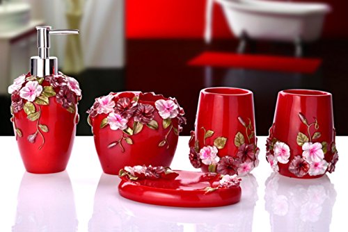 Yiyida 3D Blumen 5-teilig Badezimmer Set: Seifenspender Zahnbürstenhalter Zahnputzbecher Seifenschale für Hotel & Hause (Rot)