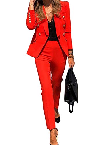 Minetom Damen Zweiteiliger Anzug Set Revers Business Büro Formal Blazer Langarm Anzugjacke Hosenanzug Slim Fit Hose 2 Stück A Rot 38