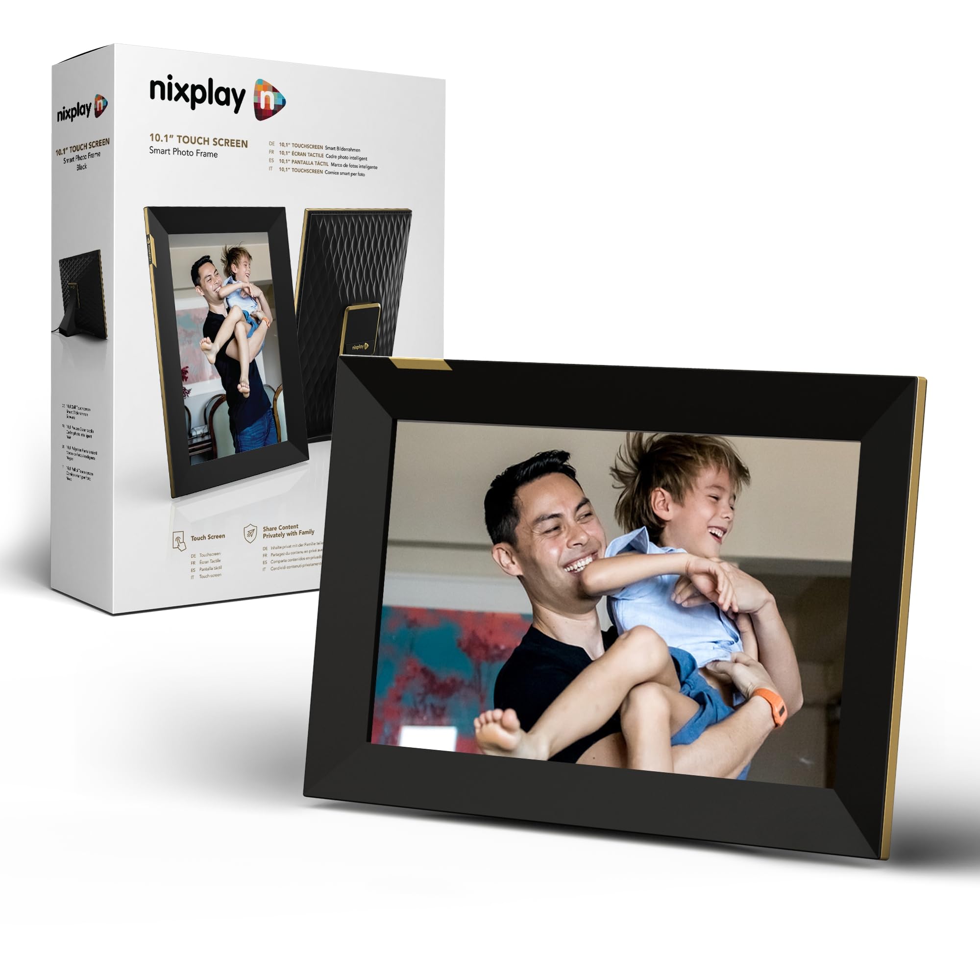 Nixplay 10,1 Zoll Touchscreen Digitaler Bilderrahmen mit WiFi (W10K), Schwarz-Gold, Videoclips und Fotos sofort per E-Mail oder App teilen…