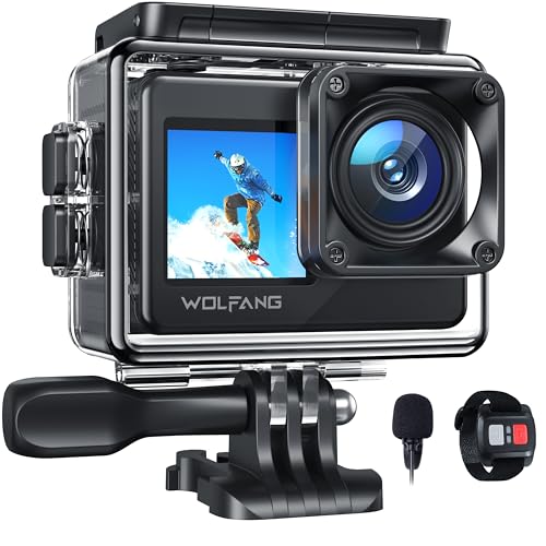 WOLFANG Action Cam 4K 20MP WiFi GA120, 40M Waterproof Underwater Camera for Snorkelling, 170° Wide Angle Dual Screen Vlogging Camera with EIS, External Microphone, Remote Control