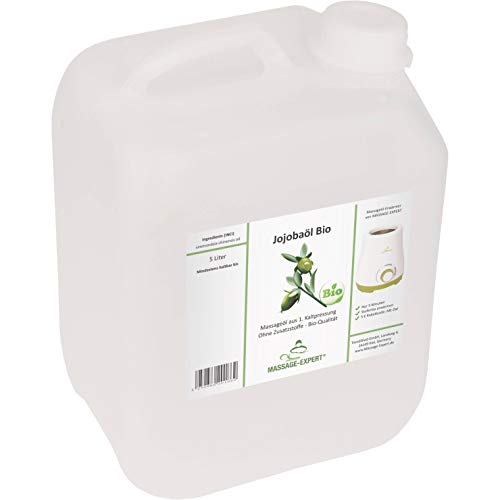 MASSAGE-EXPERT Jojobaöl Bio kaltgepresst - Basisöl für Massage, Babymassage, Hautpflege und Haarpflege [5 Liter Kanister]