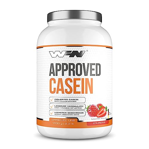 WFN Approved Casein - Casein Proteinpulver - Erdbeere - 1 kg - Cremiger Casein Protein Shake - Sehr gut lösliches Kasein Eiweißpulver - 33 Portionen - Made in Germany - Extern laborgeprüft