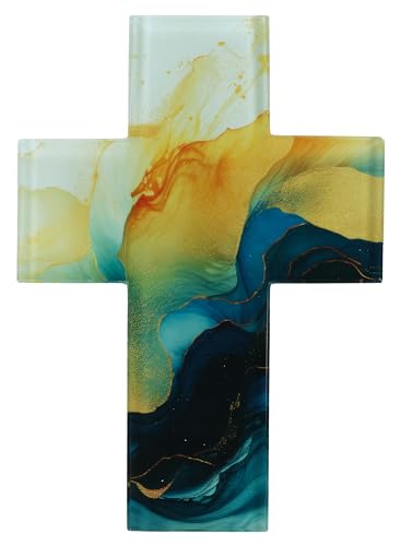 BUTZON & BERCKER Wandkreuz aus Glas – Modernes Kreuz in Gold- und Blautönen, ziert Gebetsräume. Im Format 17,7 x 12,5 cm. Ideal als Geschenk für Taufe, Kommunion oder Firmung