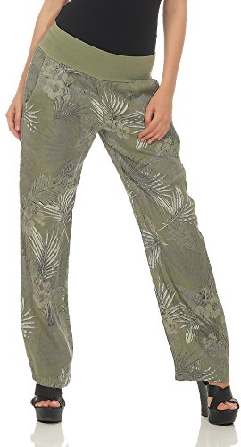 Malito Damen Hose aus Leinen | Stoffhose mit Jungle Print | Freizeithose für den Strand | Chino - Jogginghose 7790 (Oliv, XL)
