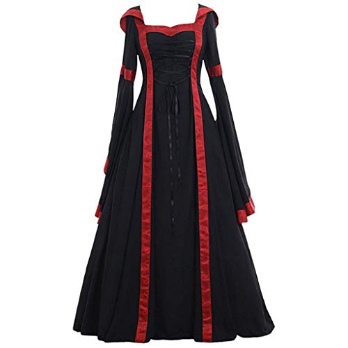 YEBIRAL Damen Langarm Mittelalter Kleid Bodenlangen Gebunden Taille Maxikleid Gothic Retro Kleid Prinzessin Renaissance Cosplay Dress Party Festlich Halloween Karneval Kostüm (Y-1 Schwarz, L)