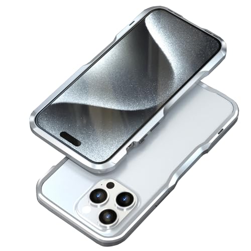LXURY Hülle Stoßfeste für iPhone 15 Pro Max/15 Pro/15 Plus/15, Metall Anti-Fall Handyhülle Support Kabelloses Laden Hochwertige Metall Rahmen Hülle,Silber,15 Pro''