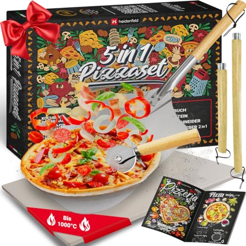 5in1 Pizza Set | Pizzastein für Backofen & Gasgrill - Pizzaschieber - 2in1 Pizzaschneider - Pizza Zubehör - Pizzamaker - Pizza Stein aus Cordierit - Pizzaset - Komplettset inkl. Rezeptbuch