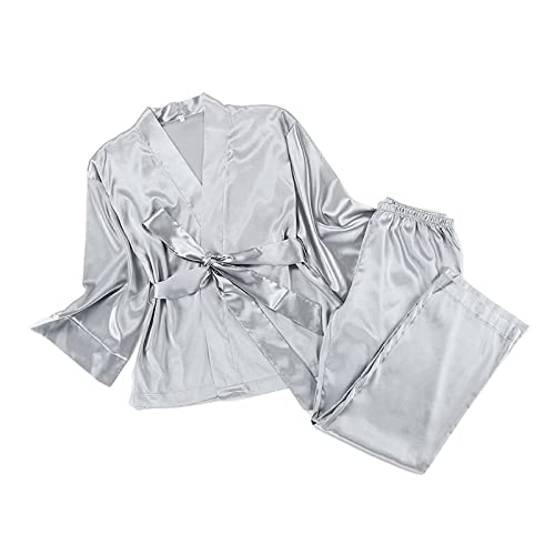 Frühjahr/Sommer Satin Cardigan Schnürung Nachthemd Pyjama Hose Einfarbig Home Set Lose Damen Nachthemd, grau, XL