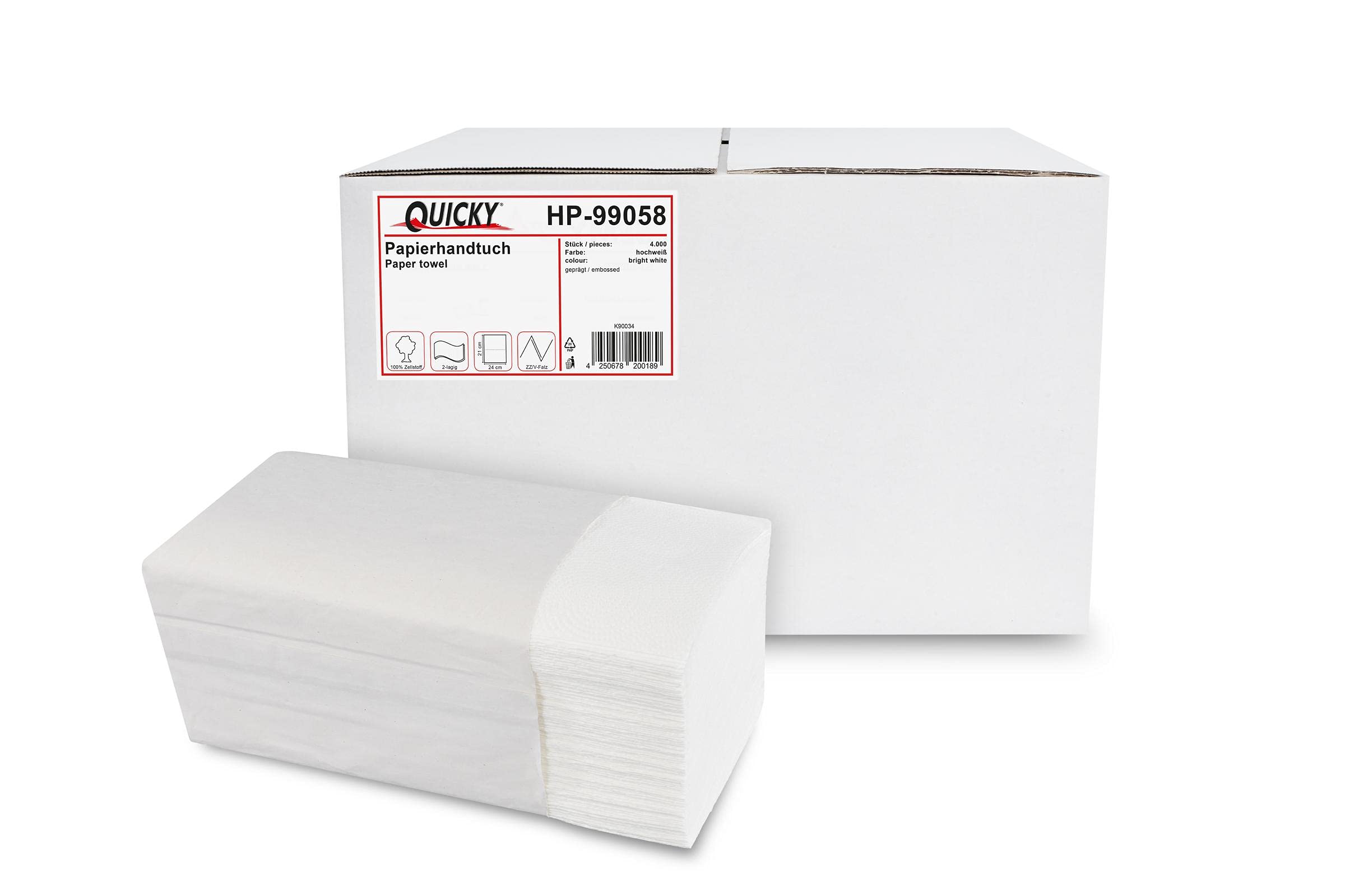 Quicky Papierhandtücher, 2 -lagig, ZZ/V-Falz, 24 x 21,5 cm, hochweiss, 4000 Blatt, 1er Pack (1 x 1 Stück)