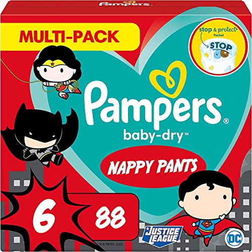 Pampers Windeln Pants Größe 6 (15+kg) Baby Dry, 88 Höschenwindeln, MONATSBOX, Superhelden, Einfaches An- und Ausziehen, Zuverlässige Trockenheit
