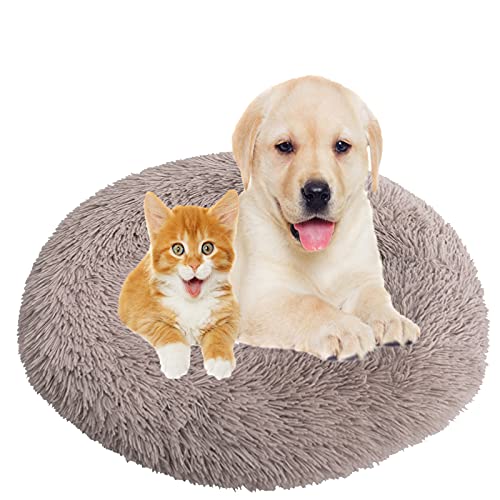 Hundebett, Rund Plüsch Haustierbett Flauschig Waschbares Katzenbett mit Reißverschluss Warme Donut Hundekissen für Haustiere- Beige Brown|| Ø 110cm/44in
