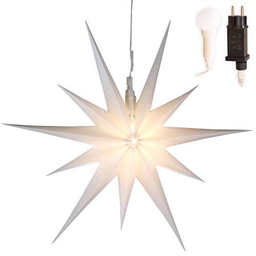 Stern Weihnachten weiß beleuchtet Ø 50cm mit 11 Zacken zum Aufhängen 7m Strom-Kabel mit LED-Birne außen