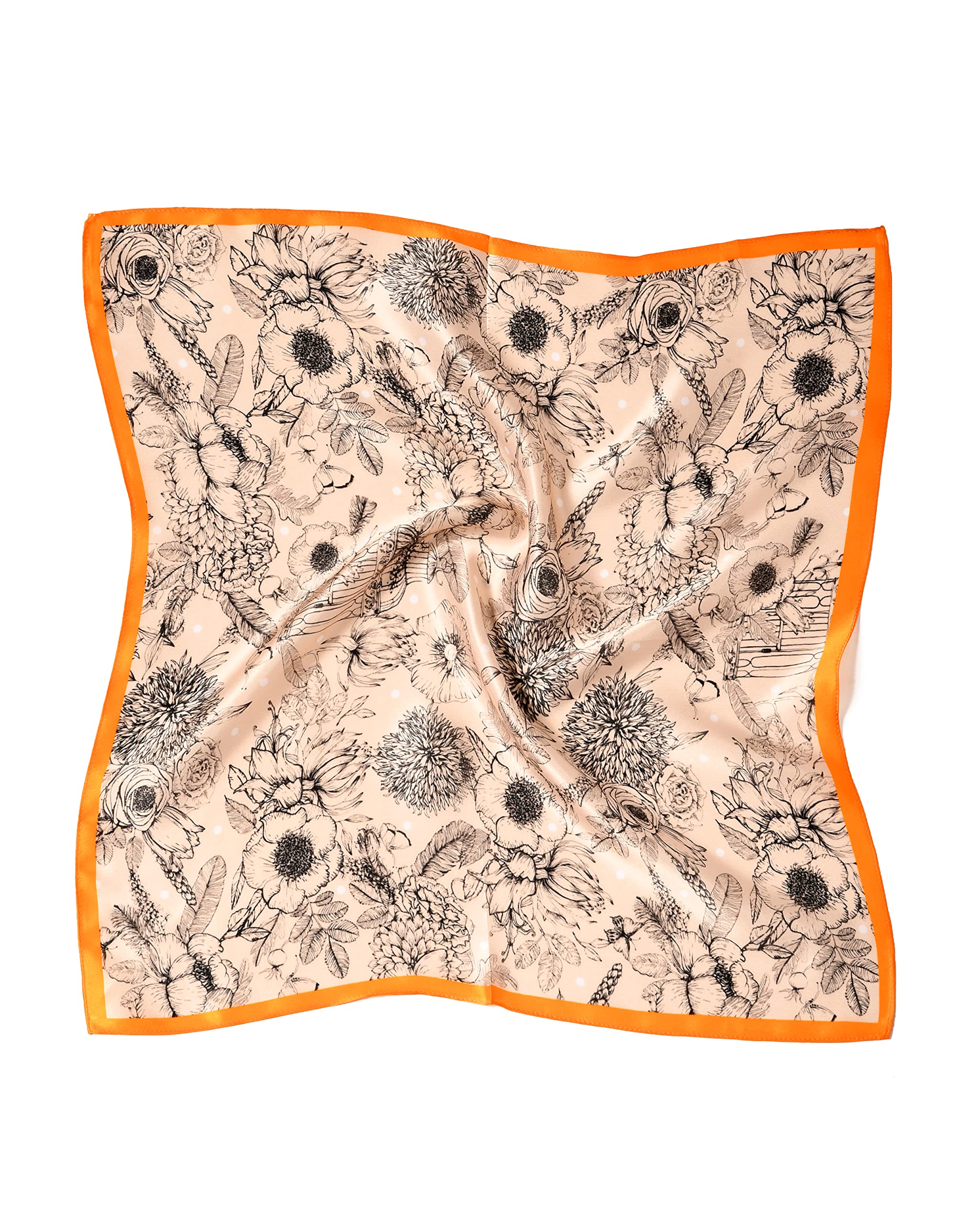 MayTree Seidentuch, buntes Halstuch für Damen, Nickituch aus 100% Maulbeer-Seide, quadratisch Sommerblüte orange 53x53