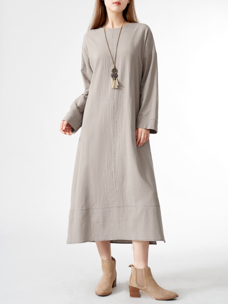 Solide Langärmliger Rundhalsausschnitt mit geschlitztem Saum Vintage Kleid