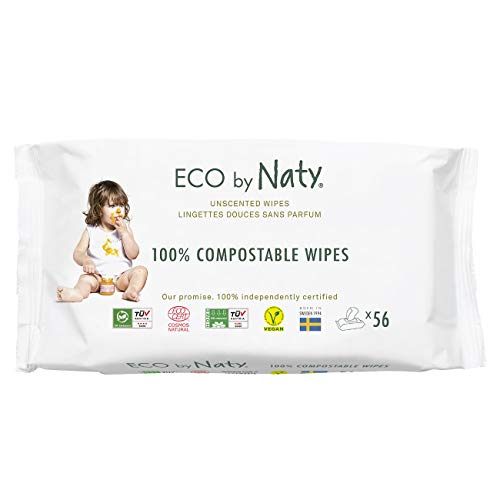 Eco by Naty Parfümfreie Baby-Feuchttücher, 672 Stück (12 Packungen mit je 56), pflanzliche kompostierbare Feuchttücher, 0% Plastik, Frei von gefährlichen Chemikalien