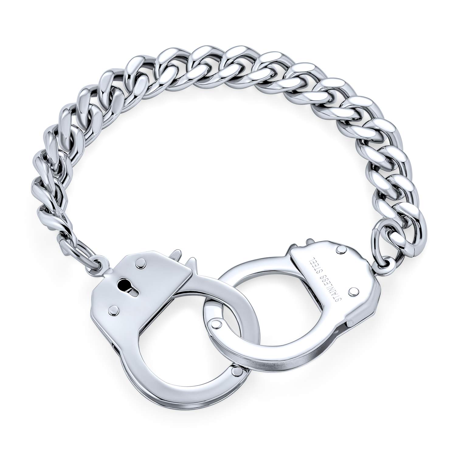 Bling Jewelry Biker-Schmuck Paare Handschellen Statement Armband Für Männer Kubanische Panzerkette Silberton Edelstahl 8,5 Zoll