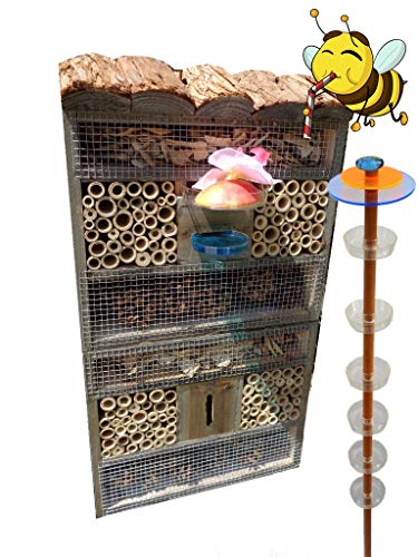 Black Gartendeko-Stecker als funktionale Bienentränke + 1x BIENENHAUS Insektenhaus FDV-HO-Station-OS,XXL Bienenstock & Bienenfutterstation für Wildbienen, Hummeln, schwarz lasiert