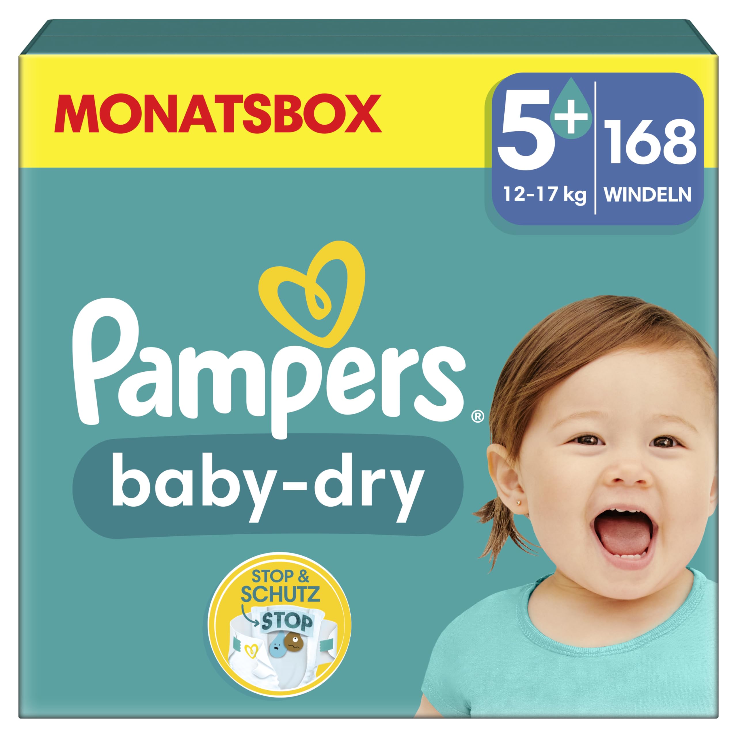 Pampers Windeln Größe 5+ (12-17kg) Baby-Dry, Junior Plus, MONATSBOX, bis zu 12 Stunden Rundum-Auslaufschutz, 168 Stück