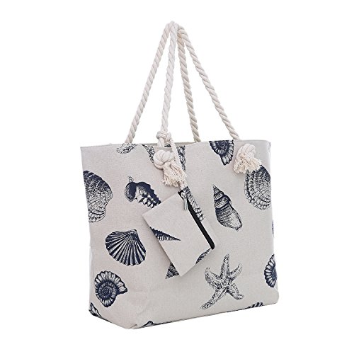 Große Strandtasche mit Reißverschluss 58 x 38 x 18 cm maritimes Design Muschel naturfarben Shopper Schultertasche Yacht Style