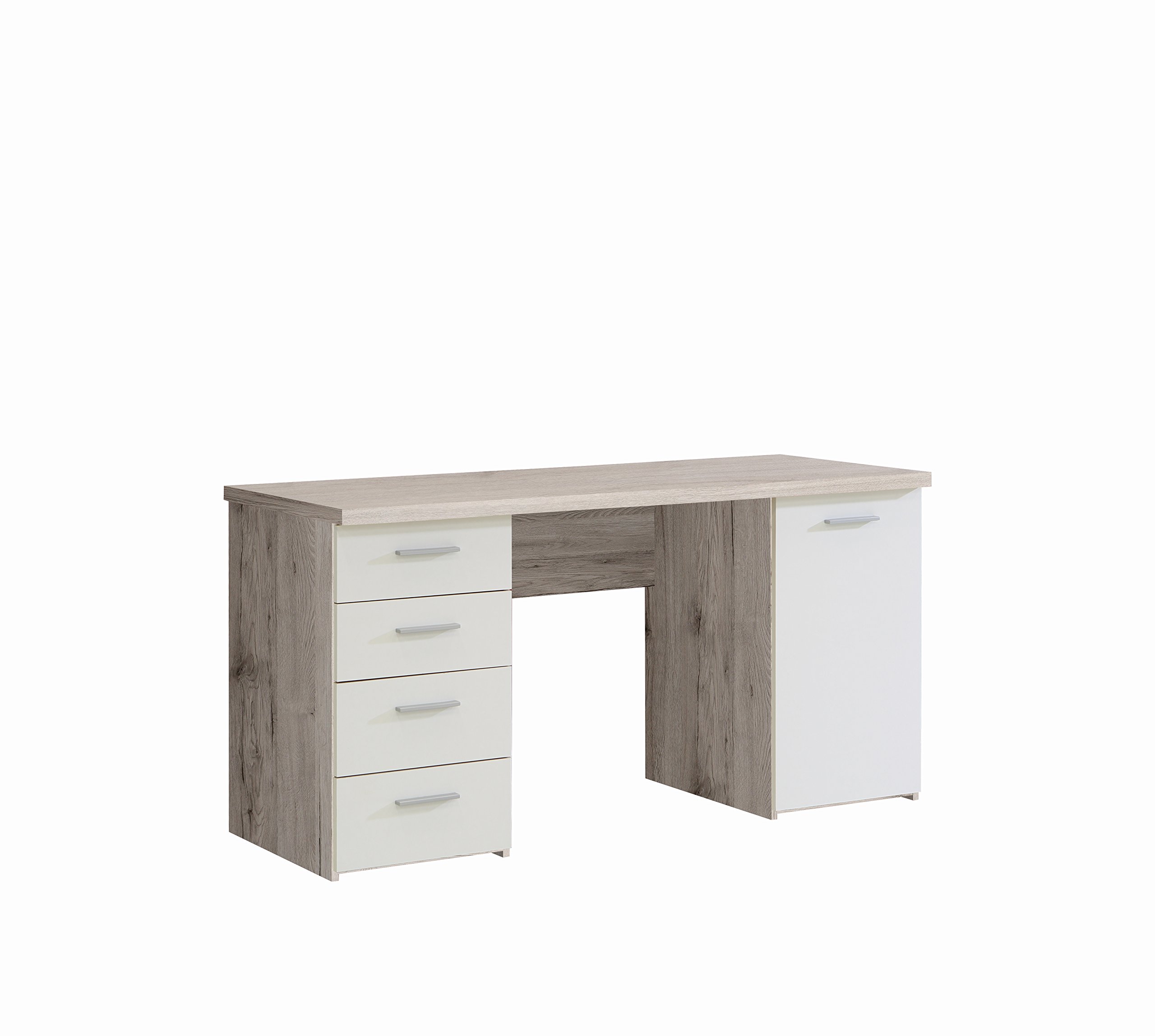 FORTE Net 106 Schreibtisch mit 4 Schubladen und 1 Tür, Holzwerkstoff, Sandeiche + Weiß, 145 x 60 x 76.3 cm