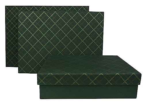 Emartbuy Set von 3 starren rechteckigen Präsentations-Geschenkboxen aus Baumwollpapier, handgefertigt, kariert, grün, innen grün