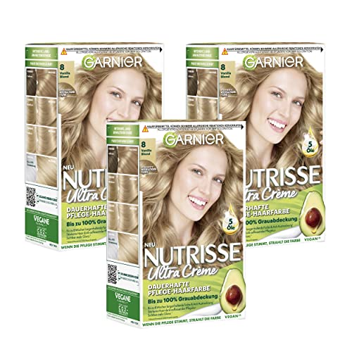 Garnier Nutrisse Dauerhafte Pflege-Haarfarbe mit nährenden Fruchtölen, Coloration mit 8 Wochen Halt, Ultra Crème Tönung, 080 Vanilla Blond Hf