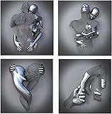 4 Stück Liebe Herz 3D-Effekt Wandkunst,abstrakte Metallfigur Skulptur Leinwand,HD-Druck Leinwand Malerei Kern,Paar Hängende Malerei,Home Art Style Dekor. (50*50cm)