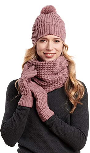 Hilltop Winter Kombi Set aus Loop-Schal, passender Strickmütze und Handschuhe, 3-teilig, Geschenk für Frauen, Farbe:Old Rose