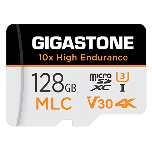 Gigastone MLC 128GB MicroSDXC Speicherkarte und SD Adapter, 10x High Endurance bis zu 110/65 MB/s ideal für 4K Videoaufnahme, Kompatibel mit Dashcam Überwachungskamera, Micro SD UHS-I U3 V30 Klasse 10