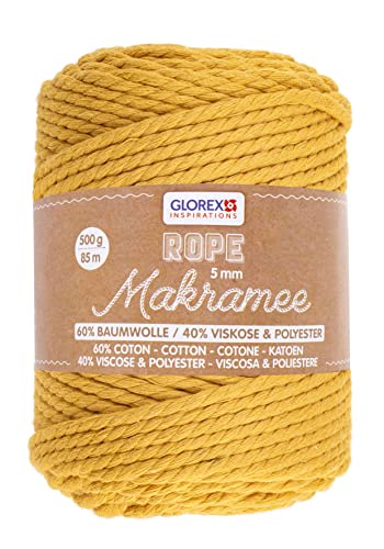 GLOREX 5 1007 17 - Makramee Rope, 500 g, 5 mm, Länge 85 m, senfgelb, dreifachgedrehtes Baumwollgarn, 60 % Baumwolle, 40 % Viskose und Polyester, zum Häkeln, Stricken, Knüpfen und Gestalten