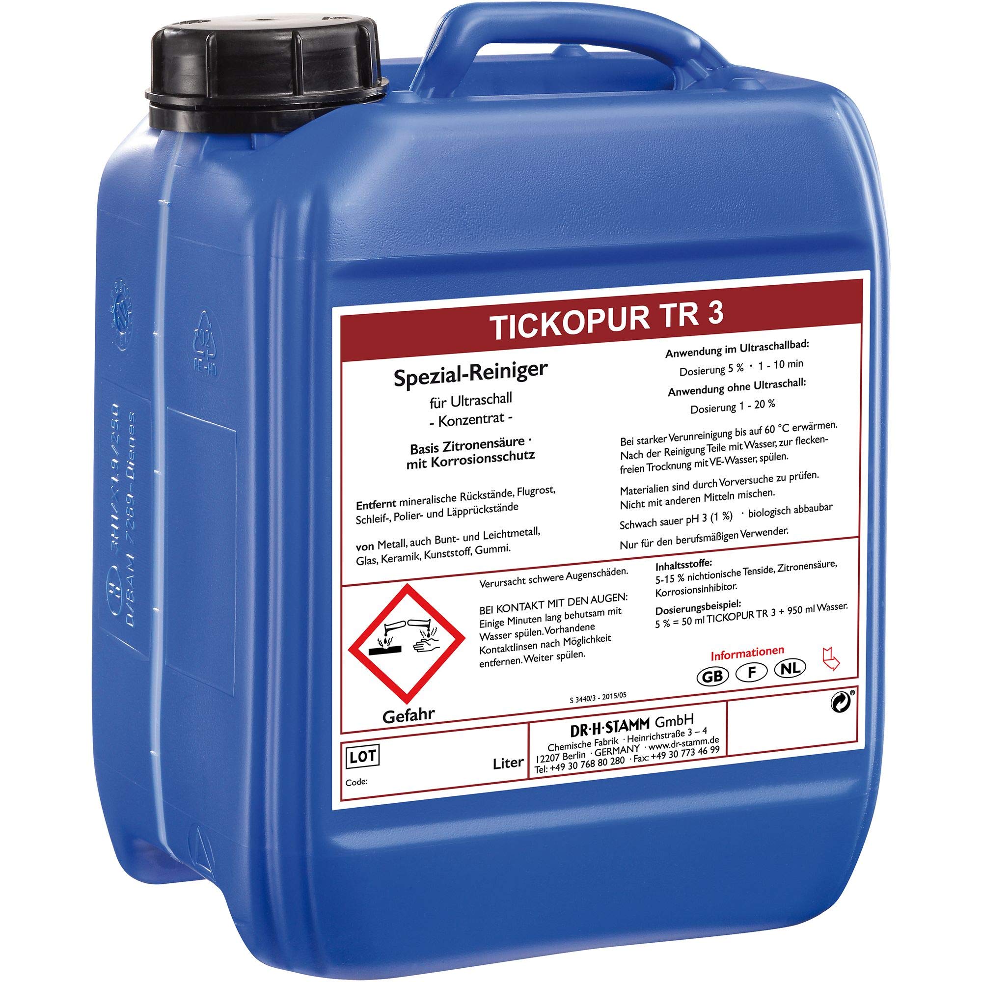 Dr. H. Stamm Tickopur TR 3 Ultraschallflüssigkeit für Vergaser Reinigungskonzentrat Mit Dosierung von 5 Prozent, Ultraschall Reinigungsmittel für Aluminium 5 Liter