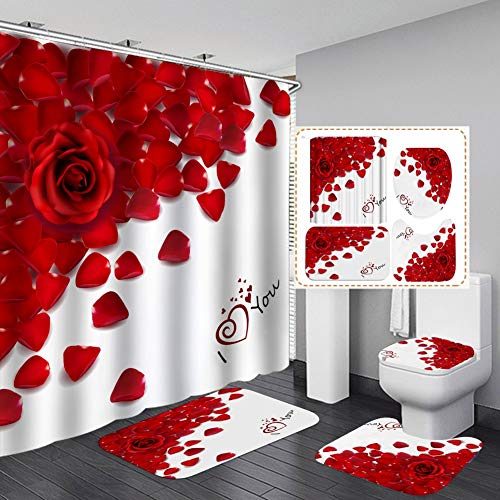 Hankyky Moderne 4Pcs Duschvorhänge Set Rose Dusche Vorhang Set wasserdichte Stoff Bad Vorhang Set mit Haken für Valentinstag Badezimmer