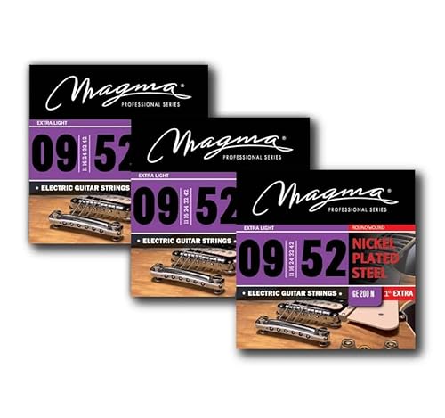 Magma 7 extra leichte E-Gitarrensaiten – vernickelte Stahlsaiten – 22,3 cm bis 1,3 cm (Saitenmessgeräte – 09, 11, 16, 24. 32, 42) – (GE140N) – 3 Sets