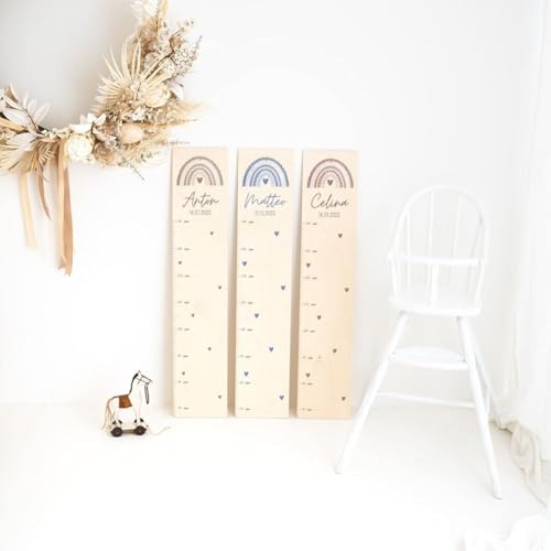 wunderwunsch - Personalisierte Messlatte Kind Holz zum Kleben oder Aufhängen - Skala 70-140cm - Süße Dekoration für Baby- & Kleinkinderzimmer (blau)