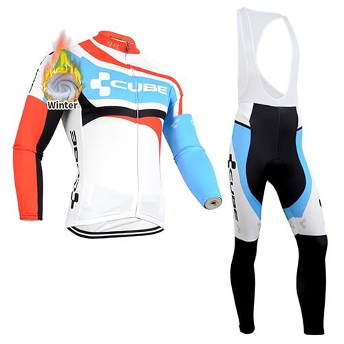 DEHIWI Herren Radbekleidung Winter Fleece Radtrikot Set Fahrradanzug Herren Winter mit 3D Gelpolster für MTB Outdoor