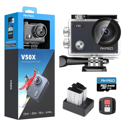 AKASO V50X Action Cam 4K30FPS mit 64GB U3 Speicherkarte Unterwasserkamera WiFi 40M EIS Anti-Shake Action Kamera 4X Zoom mit Touchscreen, Fernbedienung, Sportkamera Wasserdicht Gehäuse,Helmzubehör