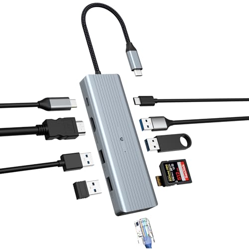 10 in 1 Dual Monitor USB C HUB mit HDMI 4K, 4 USB Ports, USB C 3.0, 100W PD, SD/TF, Ethernet Kompatibel mit Mac, Windows