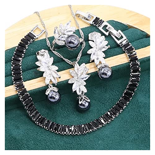 HONGYAN 925 Sterling Silber Schmuck Set Frauen Perle Ohrringe Halskette Anhänger Ring Zirkon Armband Schwarze Perle for Frauen Braut Hochzeits Geburtstag Geschenk anhänger Necklace