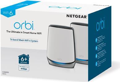 Netgear Orbi RBK852 WiFi 6 Mesh-WLAN-System (6.000 MBit/s Geschwindgkeit, Tri-Band 2er Set mit Mesh-Router + Satellit-Repeater, bis zu 460 m² Abdeckung, AX6000 für 60+ Geräte)