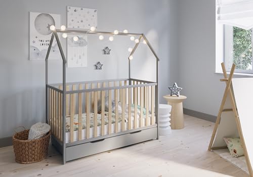 FabiMax Kinderbett Hausbett Schlafmütze, 70x140 cm, aus Kiefernholz grau/Natur lackiert, mit Matratze Comfort, mit grau/weißer Deko, mit Schublade